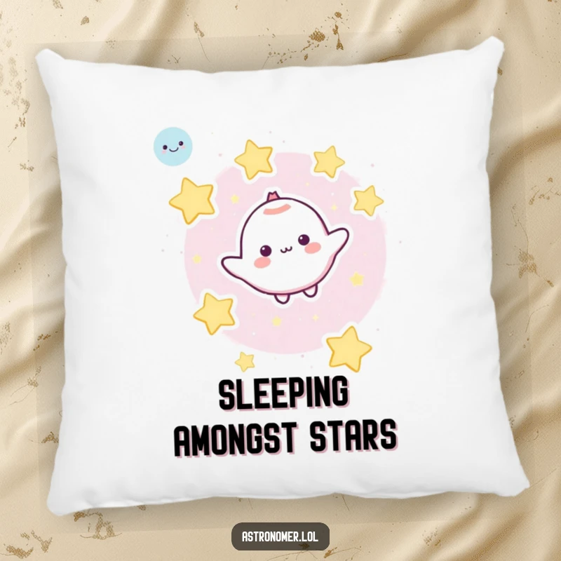 Funny Pillow: A cute character experiences weightless bliss in space, encircled by a friendly cluster of cartoon stars.