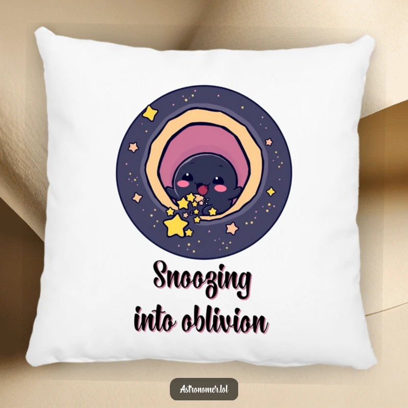 Funny cheerful black hole character playfully slurping up small stars, soft and humorous pillow.