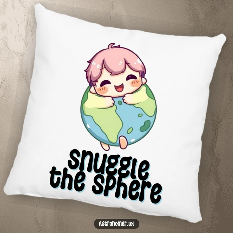 Funny Pillow: Cute character joyfully hugs a planet with a pleased expression, bringing cosmic love and comfort to any room.