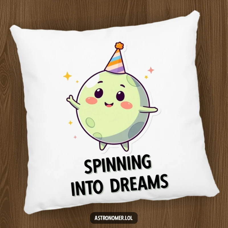 Funny happy planet character in a party hat, spinning joyfully, soft and humorous pillow for party enthusiasts.
