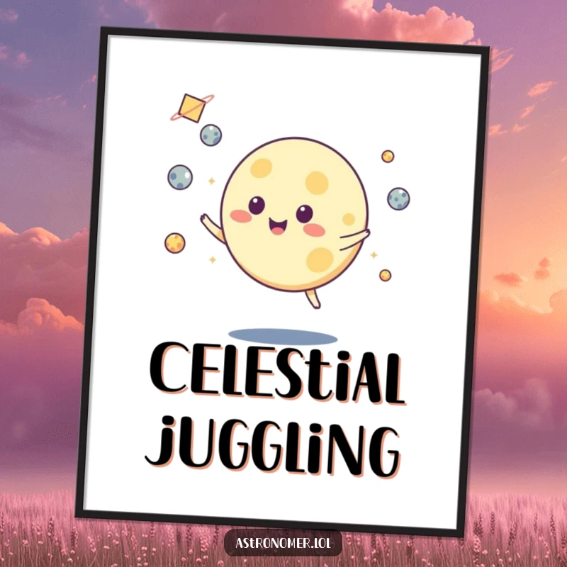 Funny digital art print of a happy moon character juggling several glowing asteroids, perfect for adding cosmic charm.