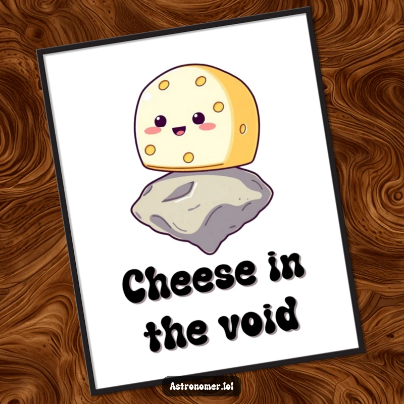 Funny smiling cheese wheel trying to balance on a floating asteroid, humorous digital space art print, instant download decor.