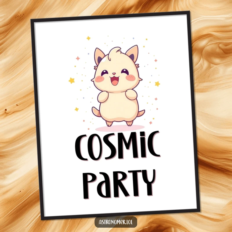 Funny digital art print of a gleeful creature throwing stardust like confetti, ideal for humorous, celebratory wall art.