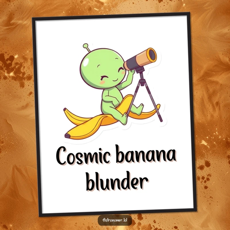 Funny alien slipping on a banana peel while looking through a telescope, humorous digital space art print, instant download.