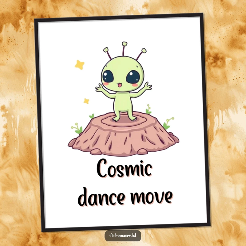 Funny digital art print of a surprised alien doing a silly dance on a crater, perfect for instant wall decor.