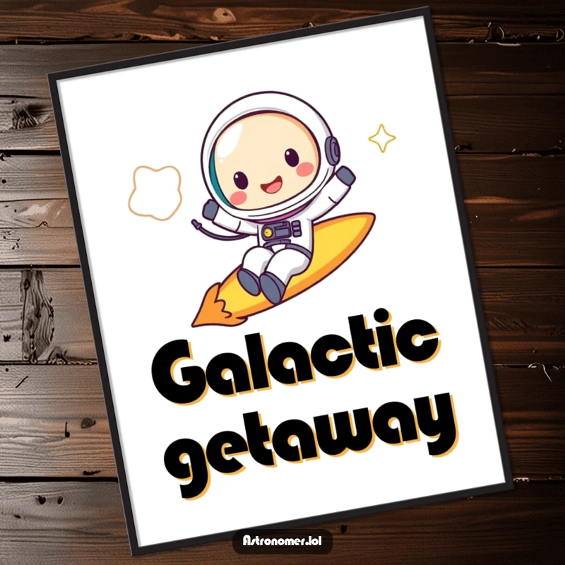 Funny Digital Art Print: A joyful astronaut grinning while riding a comet, bringing cosmic humor to life.