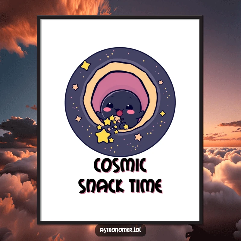 Funny cheerful black hole character playfully slurping small stars, humorous digital art print.