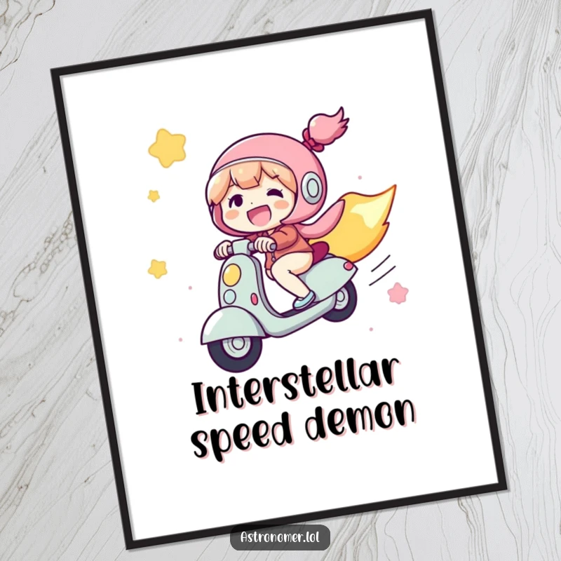 Funny Digital Art: A joyful character rides a comet like a scooter through space, leaving a trail of stardust and smiles.