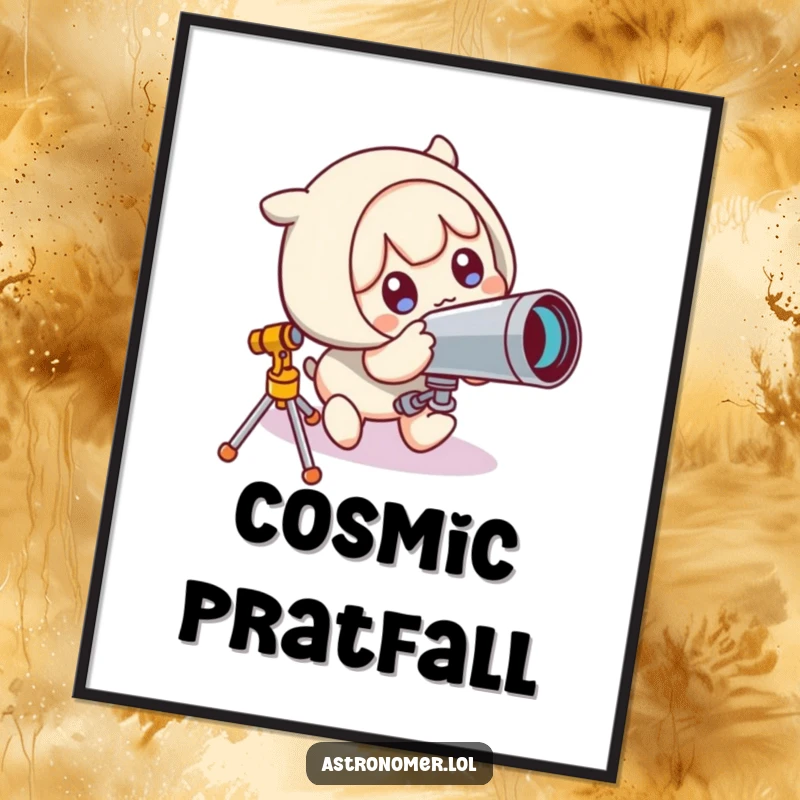 Funny Digital Art Print: Cute character looks comically surprised after tripping over a telescope, depicting humorous astronomical accidents.