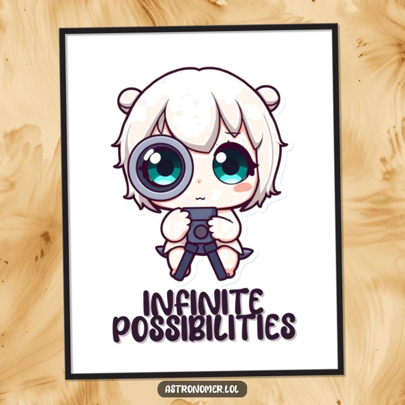 Funny Digital Art Print: A cute character displays extreme wide-eyed wonder while looking through a telescope.