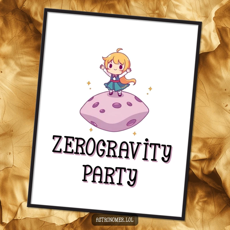 Funny digital art print of a character joyfully dancing on a floating asteroid, perfect for adding a whimsical, cosmic vibe.