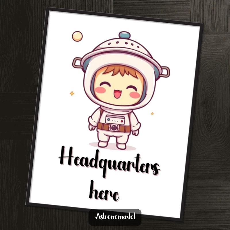 Funny Kawaii astronomer digital art print of a giggling character wearing a colander as a helmet, perfect for humorous wall decor.