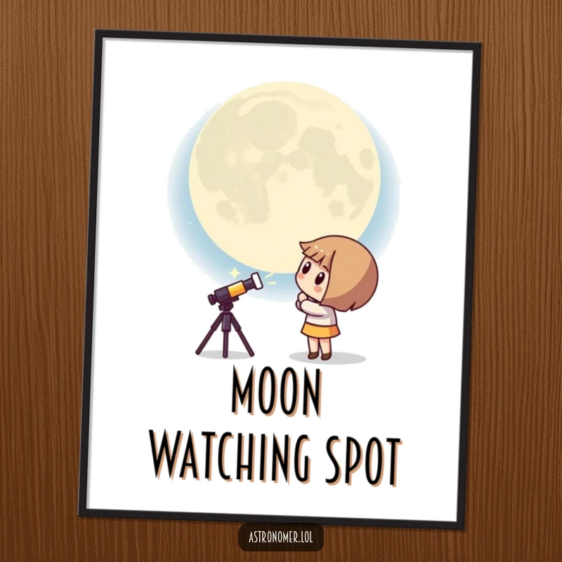 Funny Kawaii astronomer digital art print of a curious character peering at a giant, surprised moon, perfect for humorous wall decor.