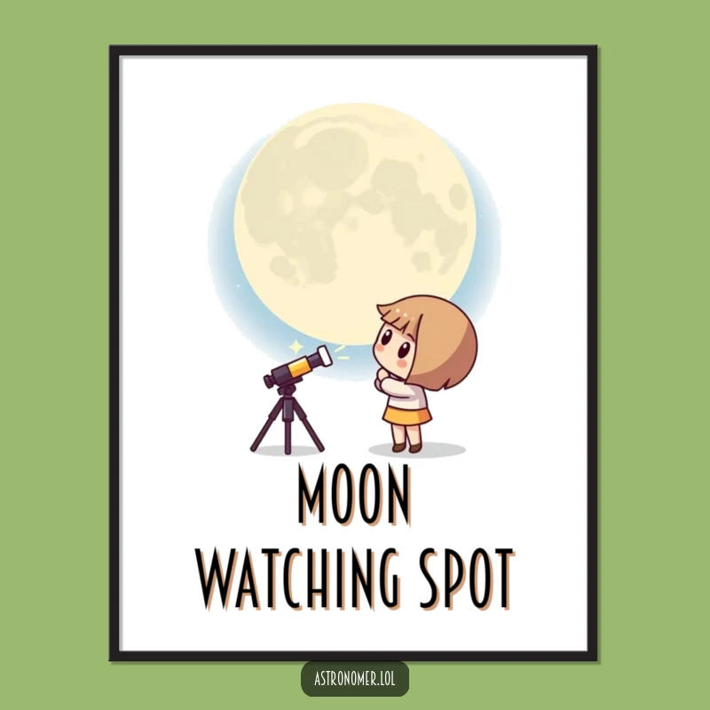 Funny Kawaii Astronomer Digital Art: Curious Moon Print - Humorous Decor