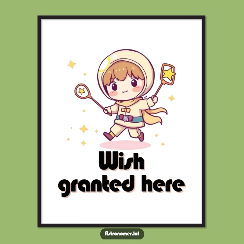 Funny Kawaii Astronomer Digital Art: Shooting Star Chase Print - Humorous Decor