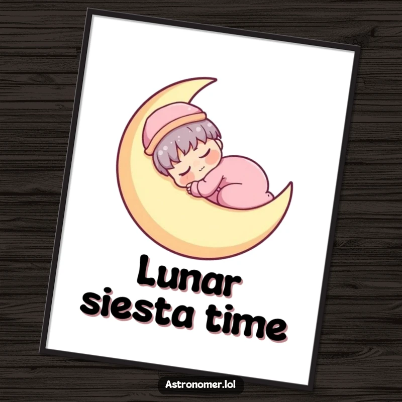 Funny Kawaii astronomer character humorously napping on a crescent moon, a serene digital art print.