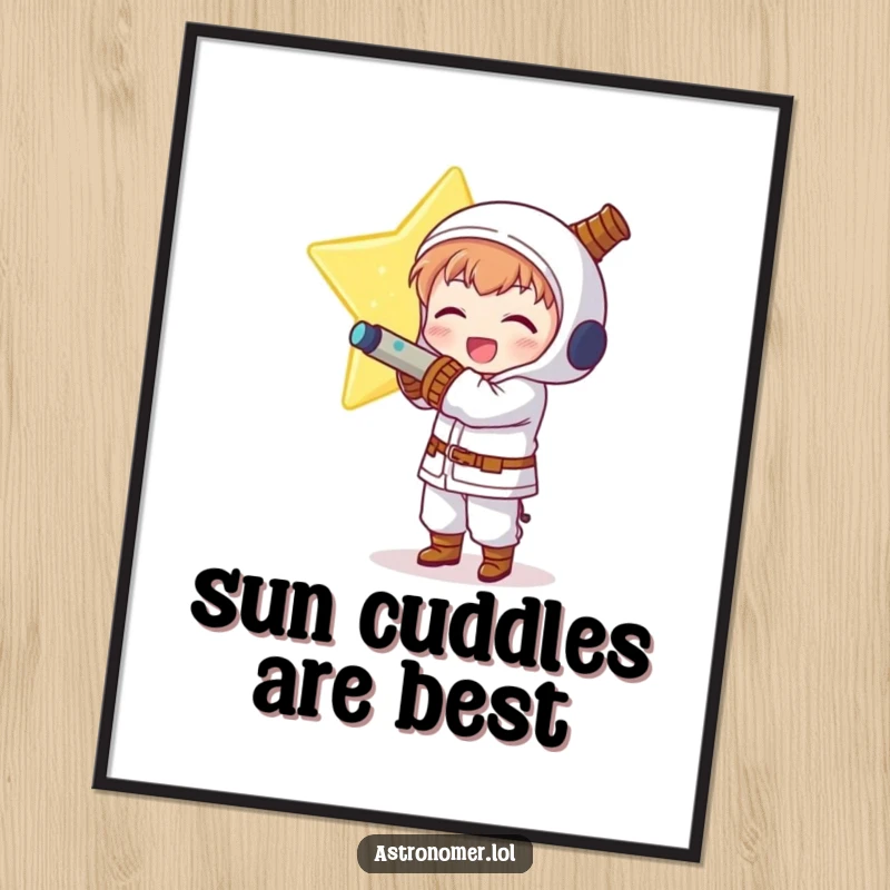 Funny Kawaii astronomer character humorously hugging a huge, glowing star, a joyful digital art print.