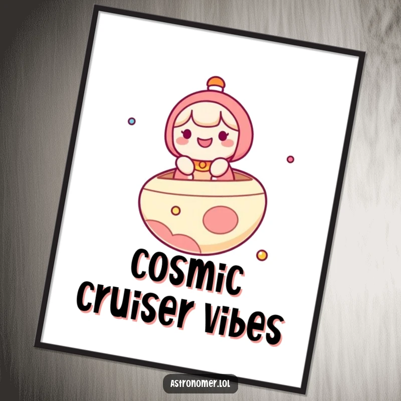 Funny Digital Art: A cute kawaii character joyfully floats on a planet, using it like a boat in a whimsical, starry scene.