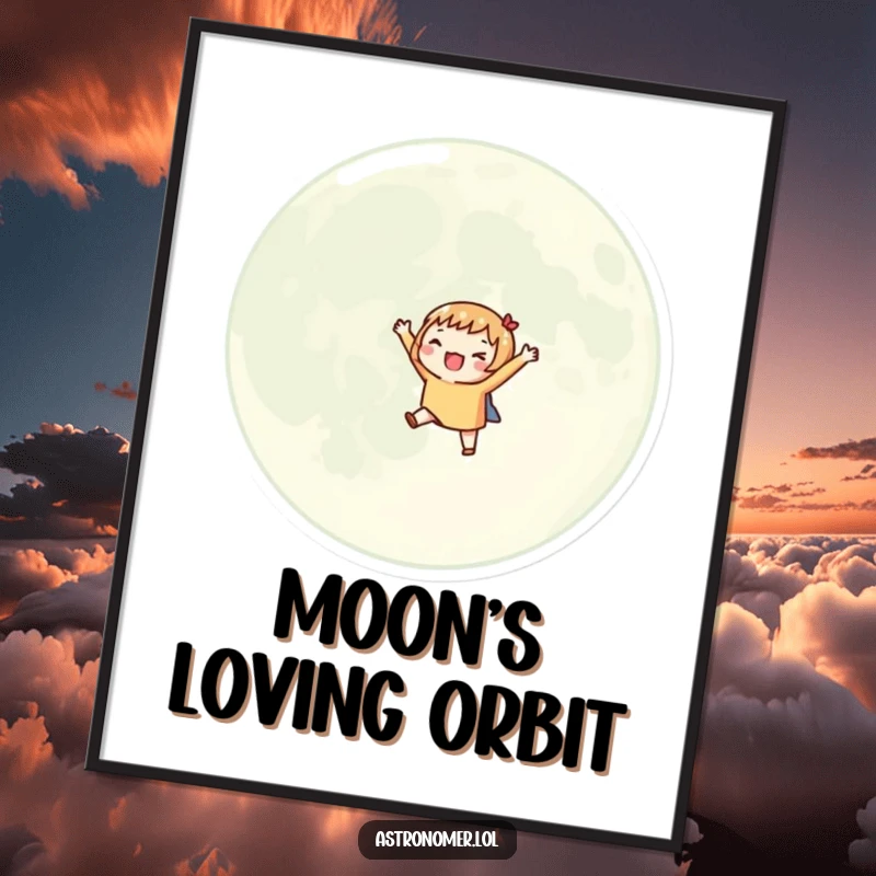 Funny digital art print of a character excitedly orbiting a giant moon with tiny outstretched arms, perfect for wall decor.