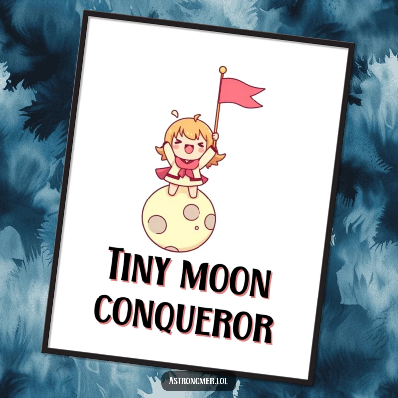 Funny digital art print of a character enthusiastically planting a flag on a tiny moon, radiating pure joy and accomplishment.