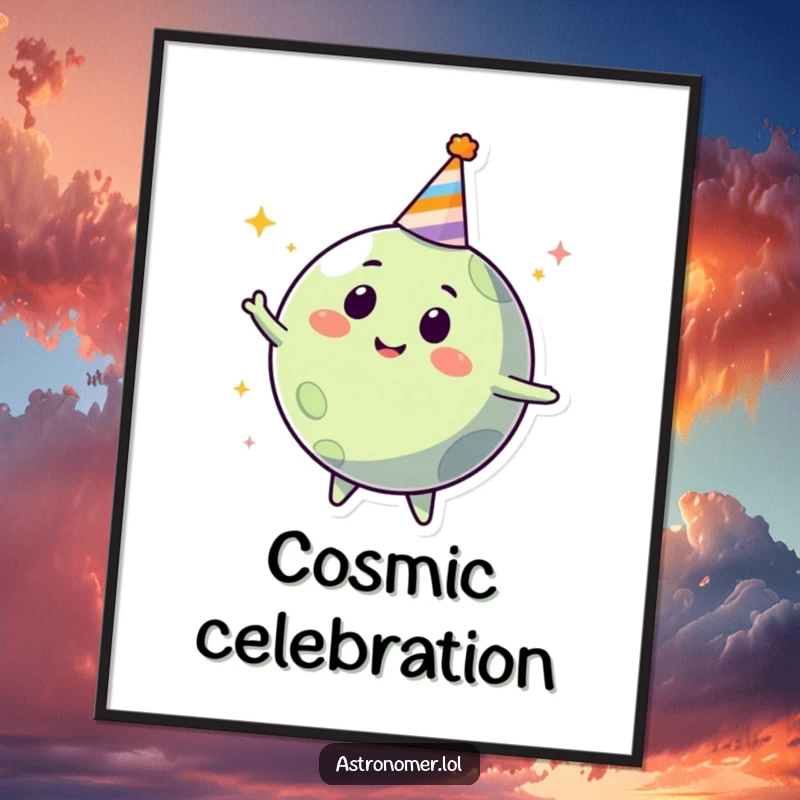 Funny happy planet character in a party hat, spinning joyfully, humorous digital art print for festive decor.