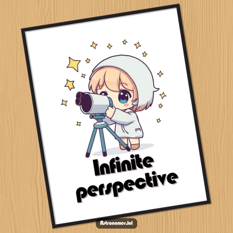 Funny digital art print of a character gazing through a telescope surrounded by a vibrant starry sky, perfect for wall decor.