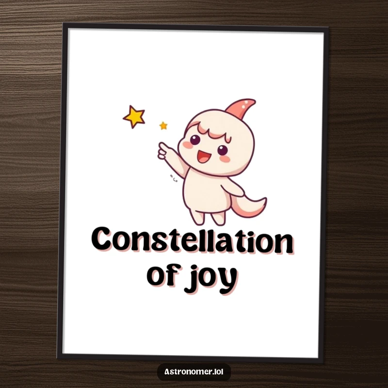Funny Digital Art Print: Cute character excitedly points towards a sparkling star, symbolizing dreams, ambition, and the vastness of space.