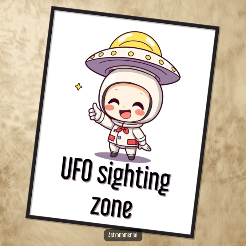 Funny Digital Art Print of a character grinning and pointing excitedly at a flying saucer in the sky.