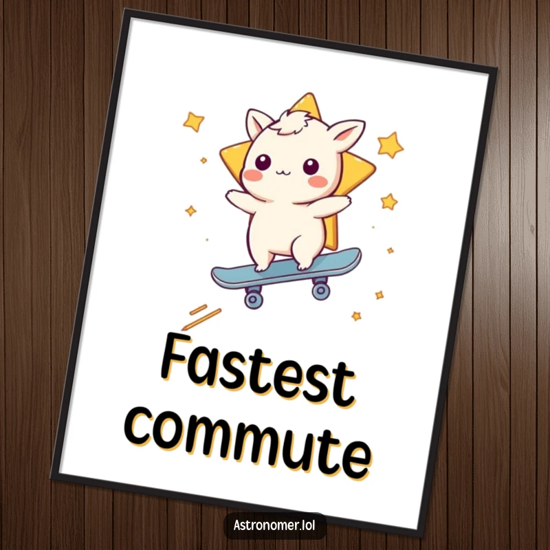 Funny digital art print of a whimsical creature skateboarding on a shooting star, ideal for dynamic, humorous wall art.