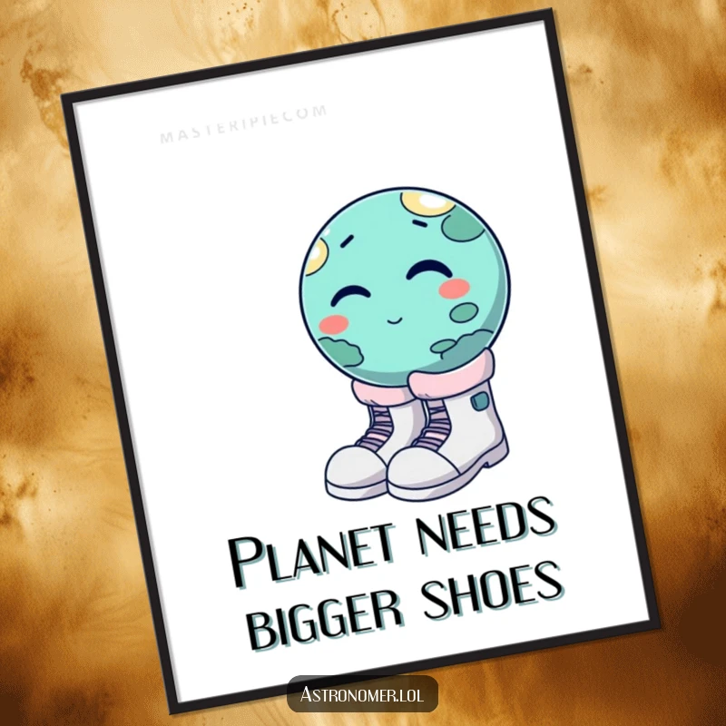 Funny winking planet trying to wear oversized moon boots, humorous digital space art print, instant download decor.