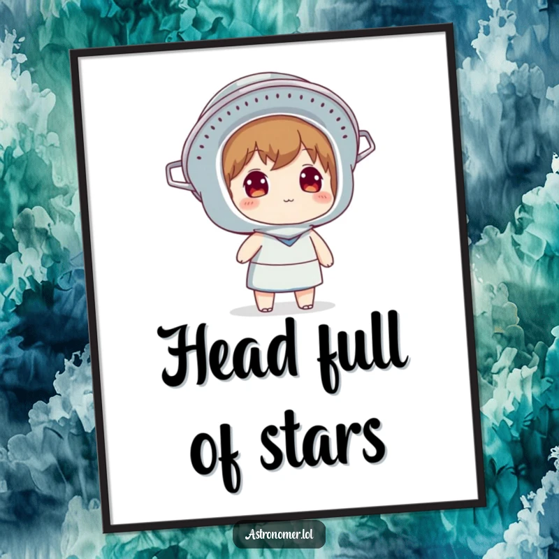 Funny digital art print of a character wearing a colander as a helmet and looking at the sky, perfect for humorous and whimsical wall decor.