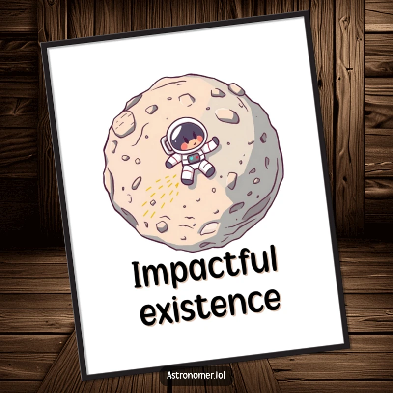 Funny digital art print of a cartoon astronaut comically crashing into a large asteroid, a humorous and downloadable piece.