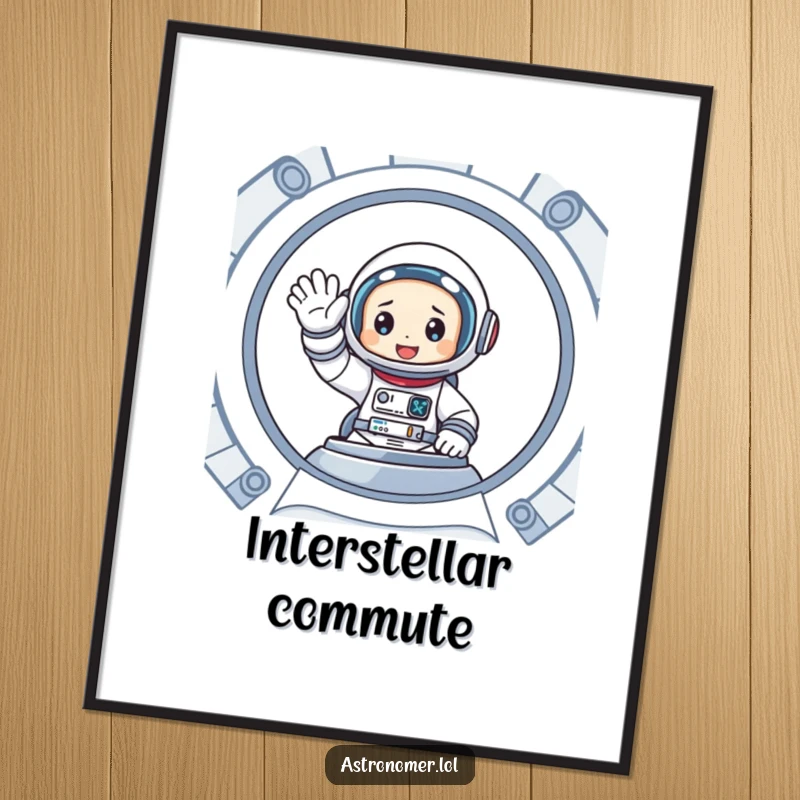 Funny digital art print of a cartoon astronaut enthusiastically waving from inside a spaceship, a downloadable piece of cosmic cheer.