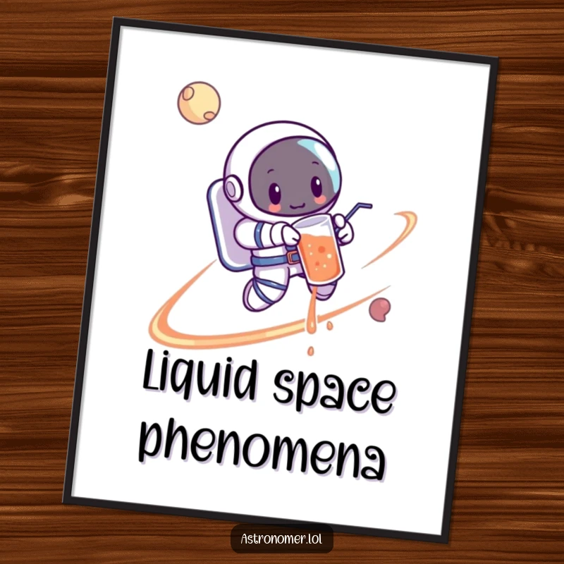 Funny Astronaut Digital Art Print: A cartoon astronaut spilling a drink while orbiting a planet, a humorous depiction of space travel.