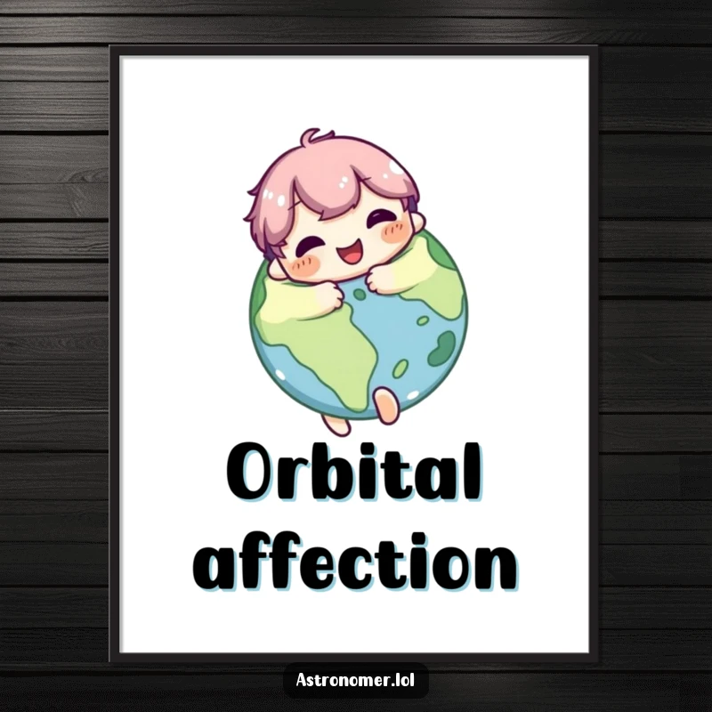 Funny Digital Art Print: Cute character joyfully hugs a planet with a pleased expression, symbolizing love, connection, and cosmic affection.