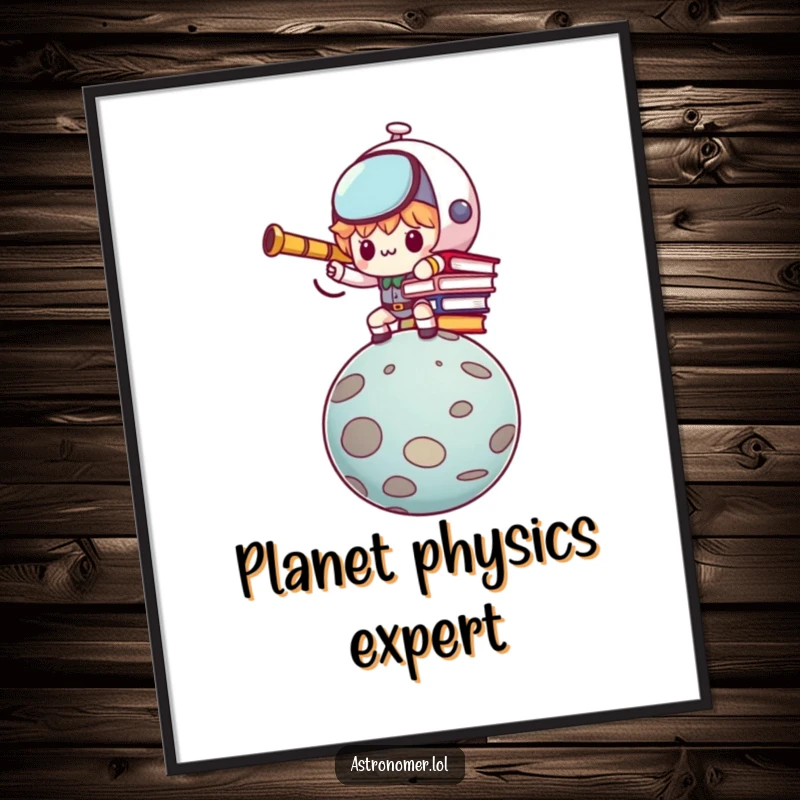 Funny Kawaii astronomer character humorously balancing books on a planet, a determined digital art print.