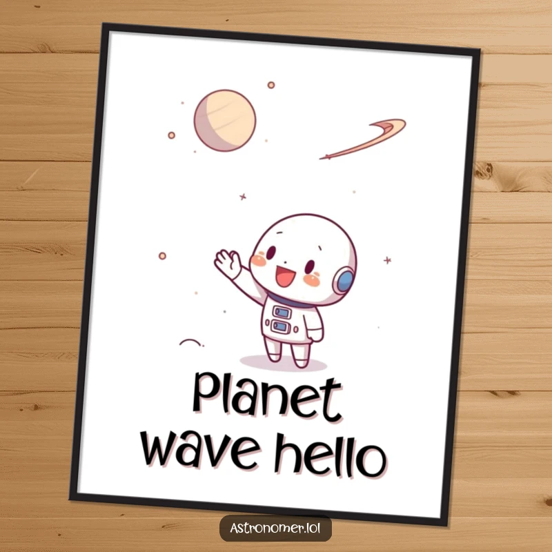 Funny Digital Art Print of a character waving enthusiastically at a faraway planet, symbolizing friendliness and wonder.