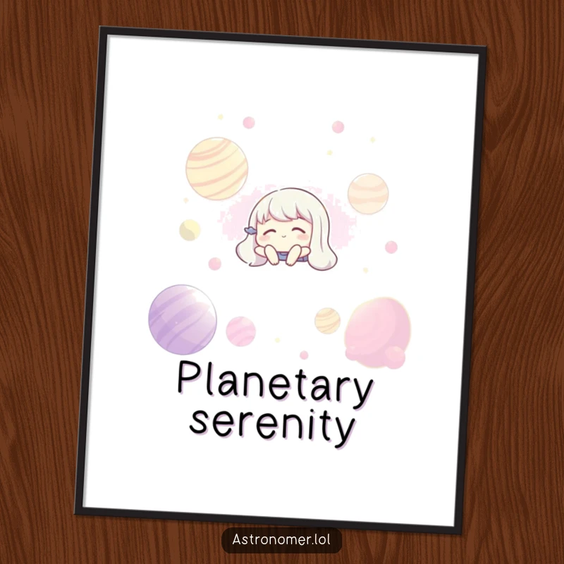 Funny digital art print of a character floating serenely with closed eyes amongst glowing planets, perfect for calming wall decor.