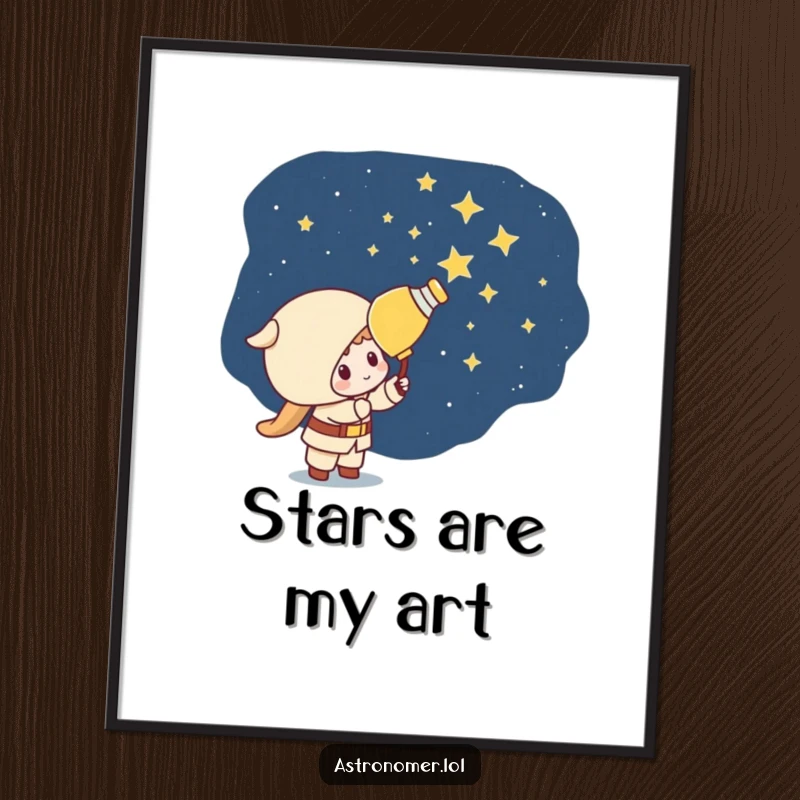Funny Kawaii astronomer character humorously painting stars onto a dark sky, a delightful digital art print.