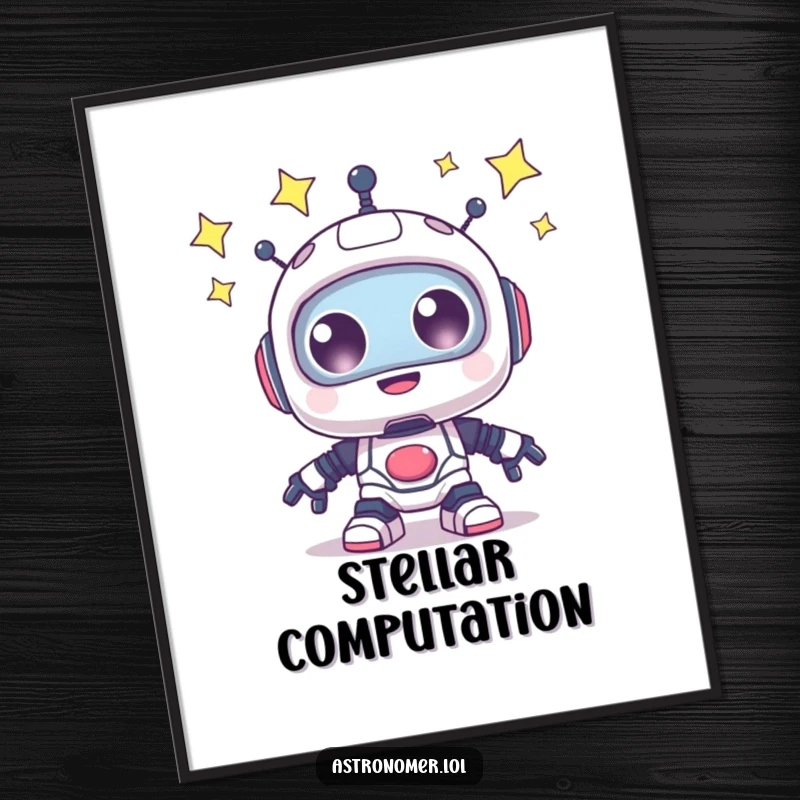 Funny Digital Art Print: A happy robot with wide, sparkling eyes looking at a beautiful starry night sky.
