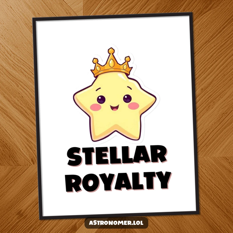 Funny digital art print of a happy star character wearing a crown and shining brightly, perfect for instant wall decor.