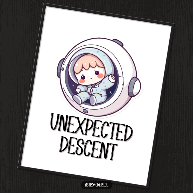 Funny spaceship exit digital art print with character tumbling out, a humorous and instant downloadable gift for decor.