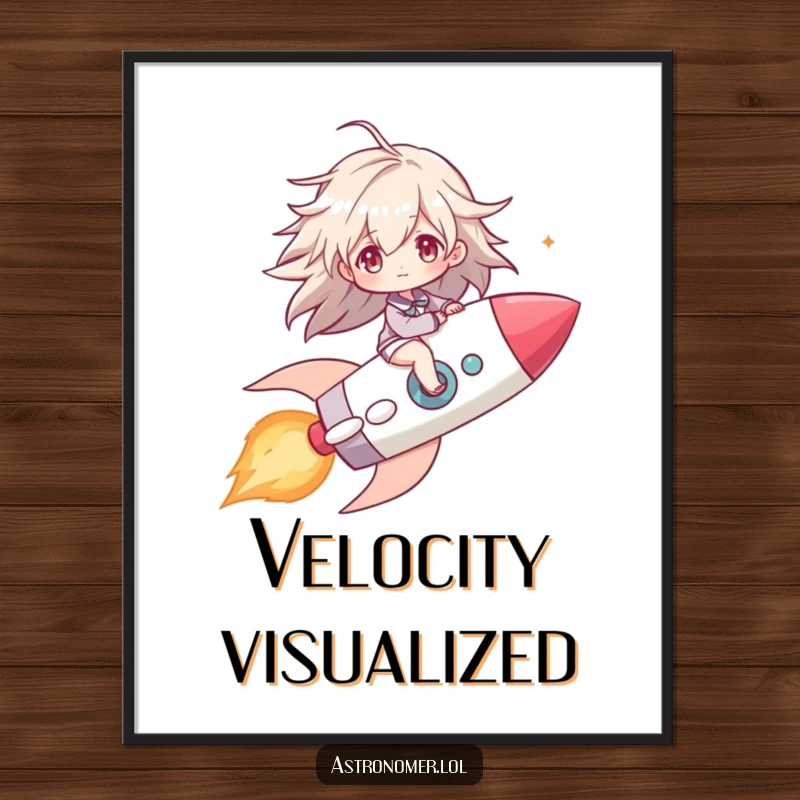 Funny digital art print of a character riding a comet like a rocket, hair dramatically windblown, capturing the exhilaration of travel.