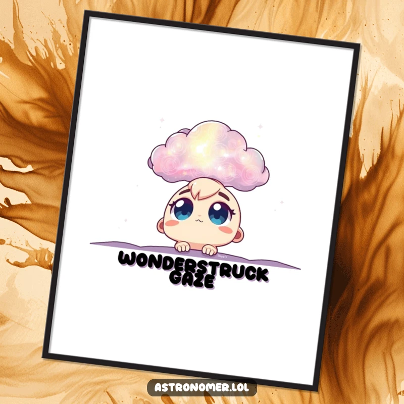 Funny nebula wonder digital art print with big eyes gazing at a cloud, a humorous and instant downloadable gift.