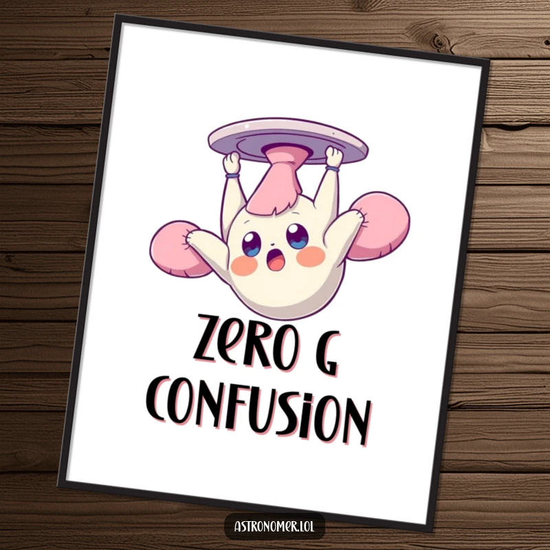 Funny digital art print of a surprised creature floating upside down and dazed in zero gravity, offering instant quirky decor and amusement.