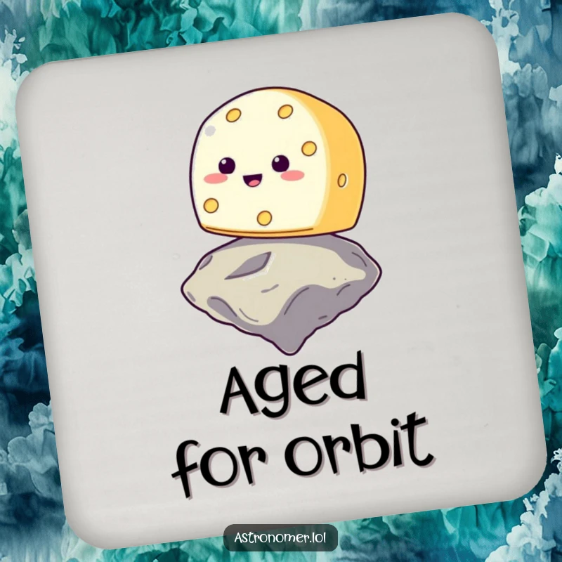 Funny smiling cheese wheel trying to balance on a floating asteroid, humorous coaster for drinks, space-themed table protection.