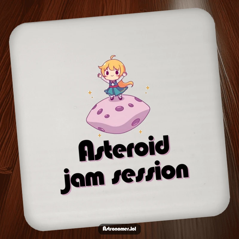 Funny drink coaster showing a character dancing on a floating asteroid, adding a joyful cosmic theme to surfaces.