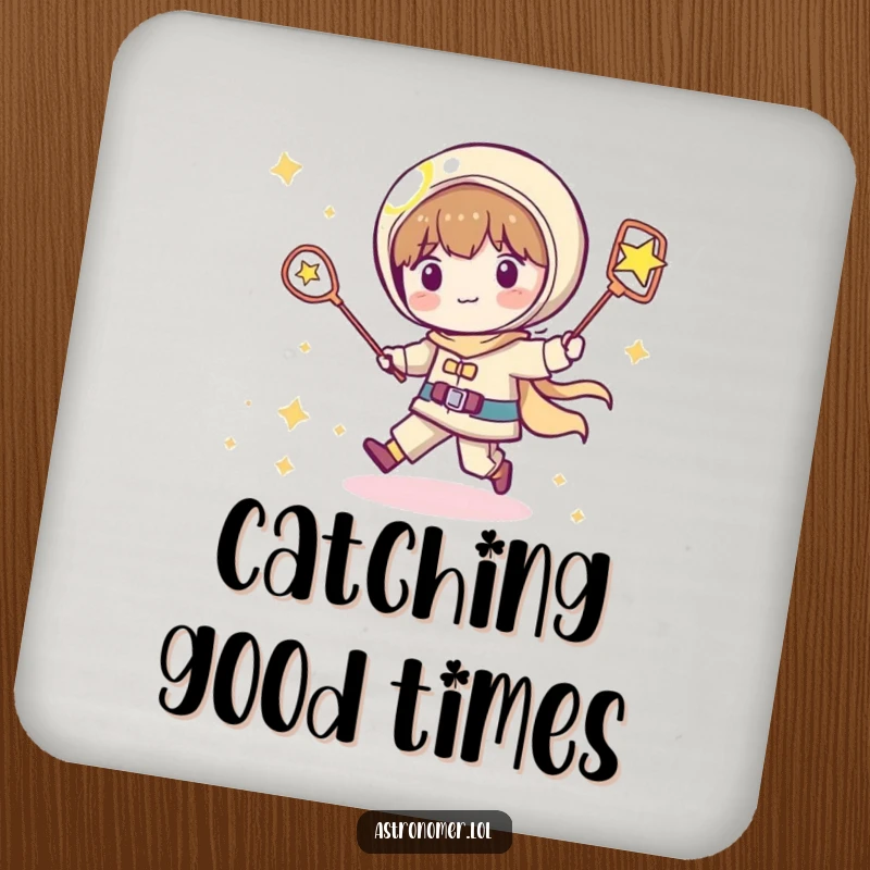 Funny Kawaii astronomer coaster depicting a playful character chasing a shooting star with a net, offering humorous surface protection.