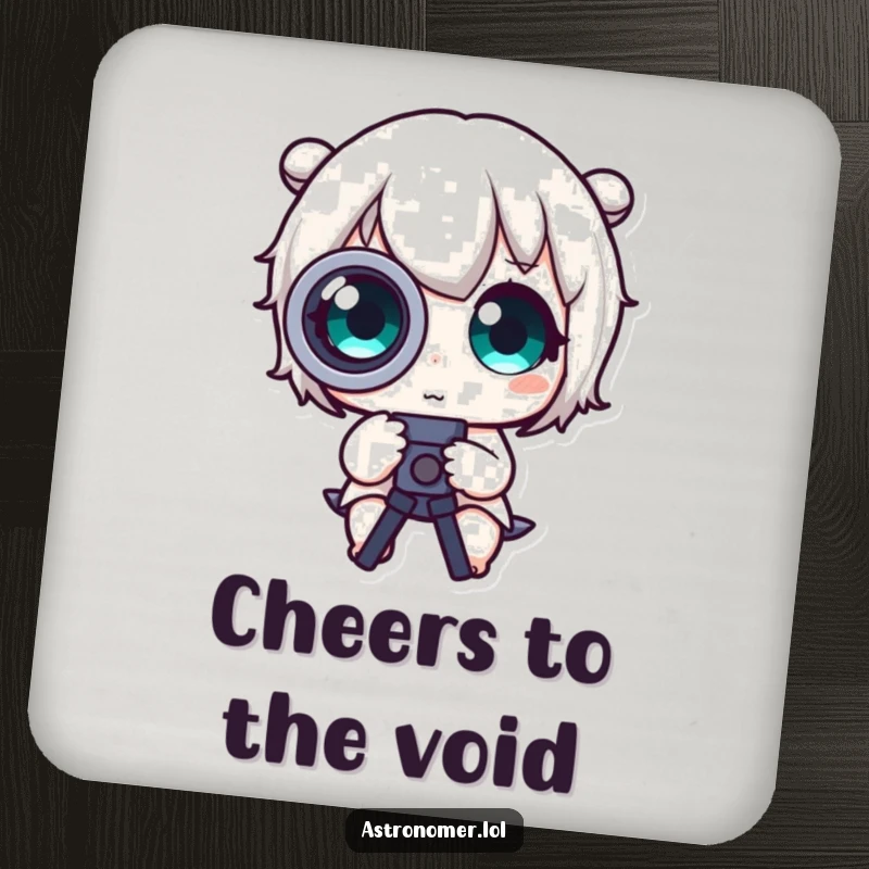 Funny Drink Coaster: A cute character with comically large eyes uses a telescope, adding humor to drink protection.