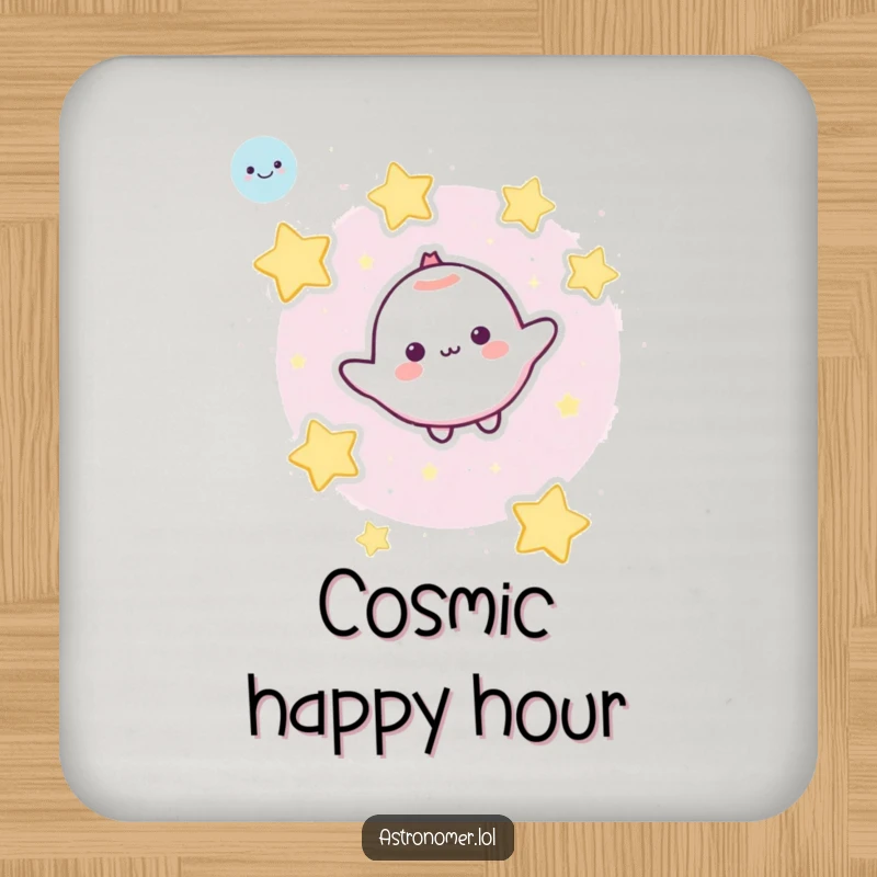 Funny Drink Coaster: A cute character drifts weightlessly in space, surrounded by smiling cartoon stars for cosmic protection.
